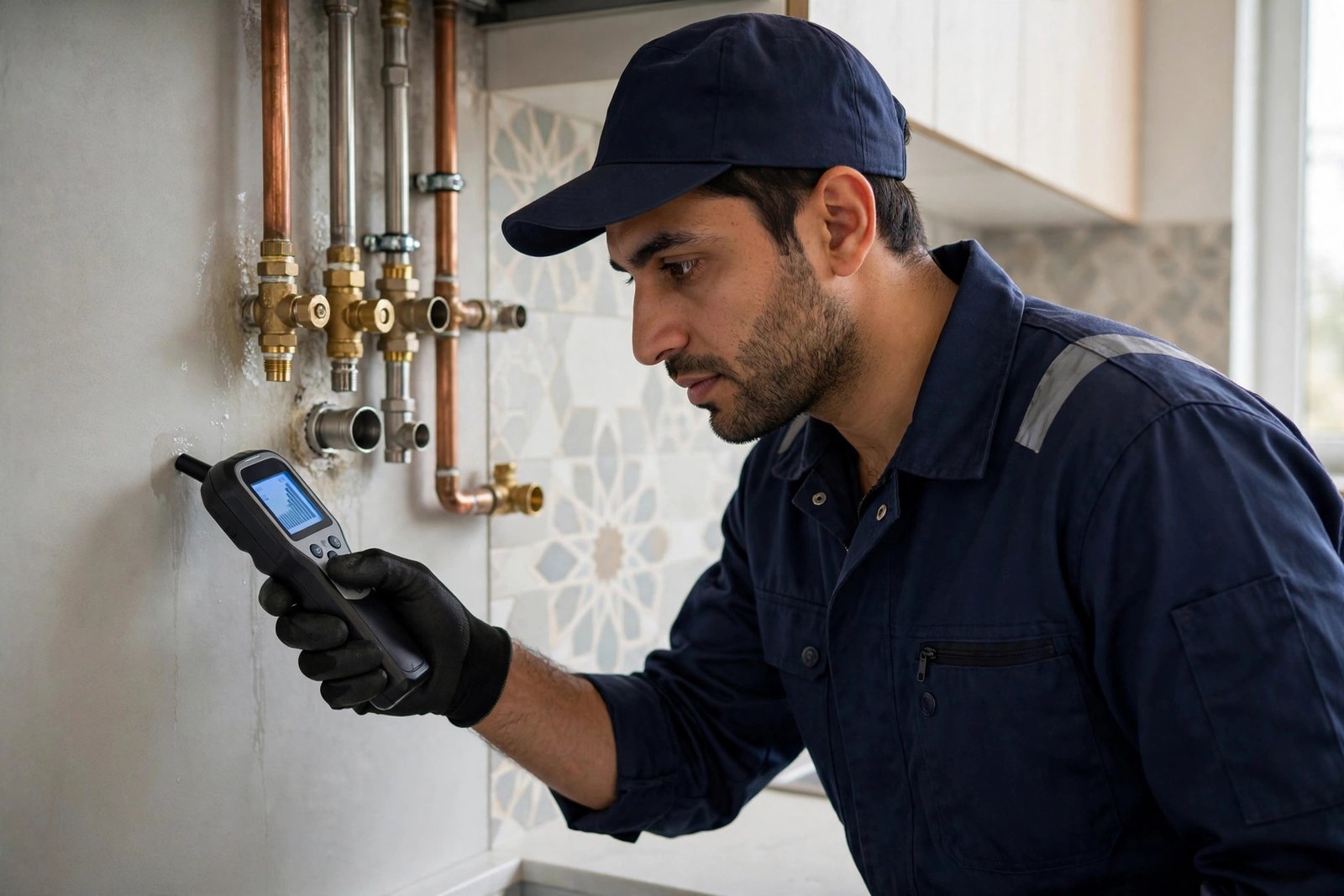 Kitchen waterproofing zones inspection: technician checking for hidden leaks behind kitchen plumbing