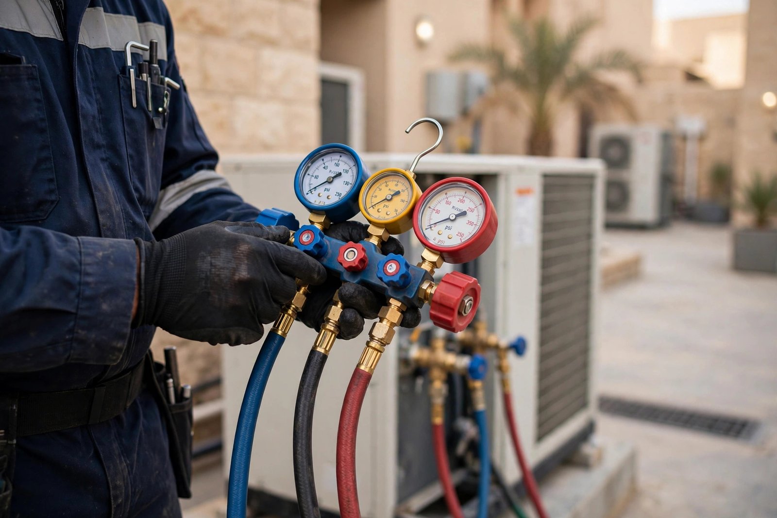 HVAC technician checking refrigerant pressure gauges on a VRV system, part of VRV maintenance cost Riyadh pricing factors