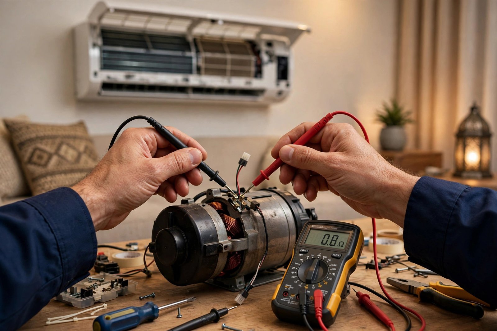 Technician testing an AC blower motor with a multimeter during an AC diagnosis in Riyadh