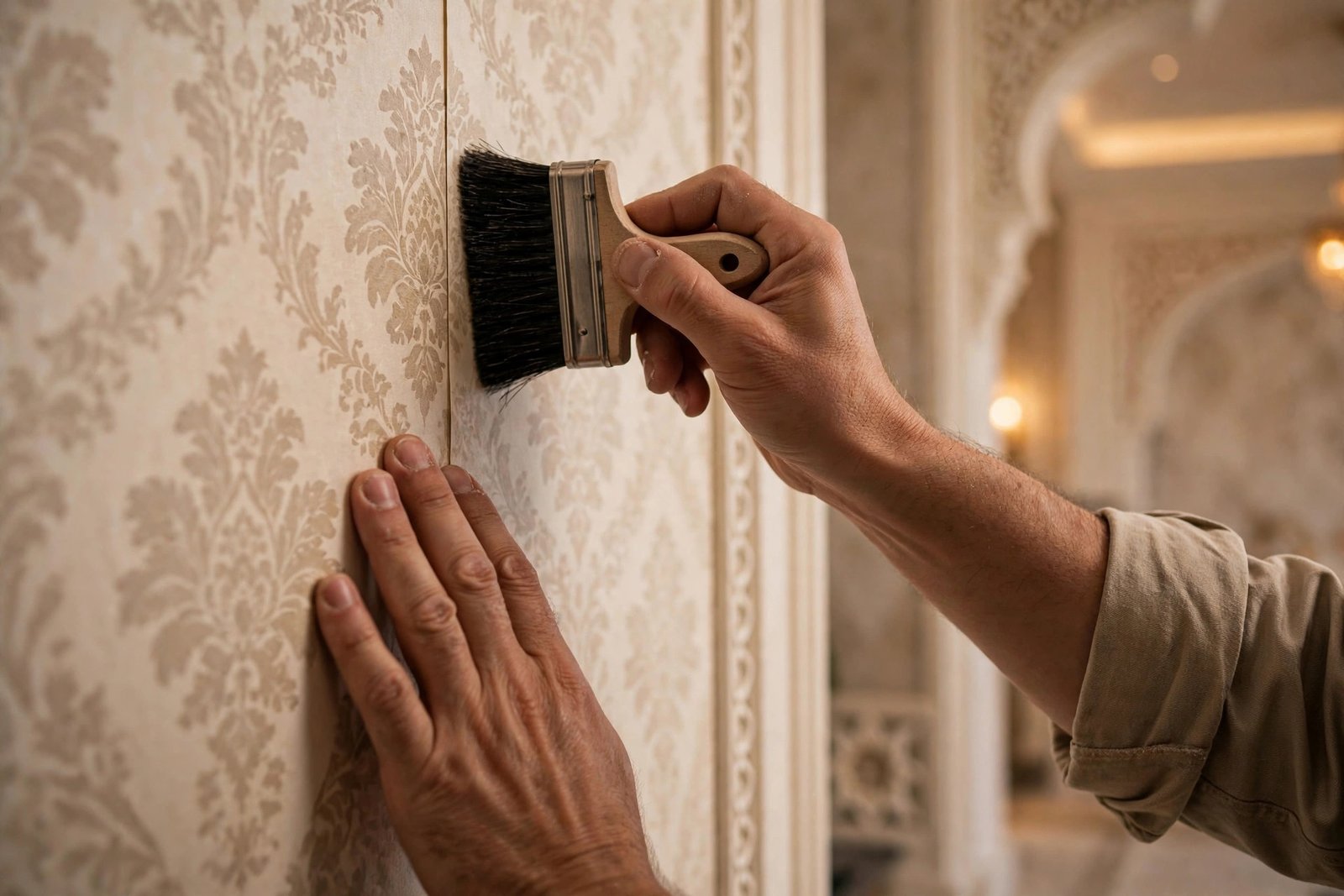 Wallpaper vs paint differences during wallpaper installation in a Riyadh villa