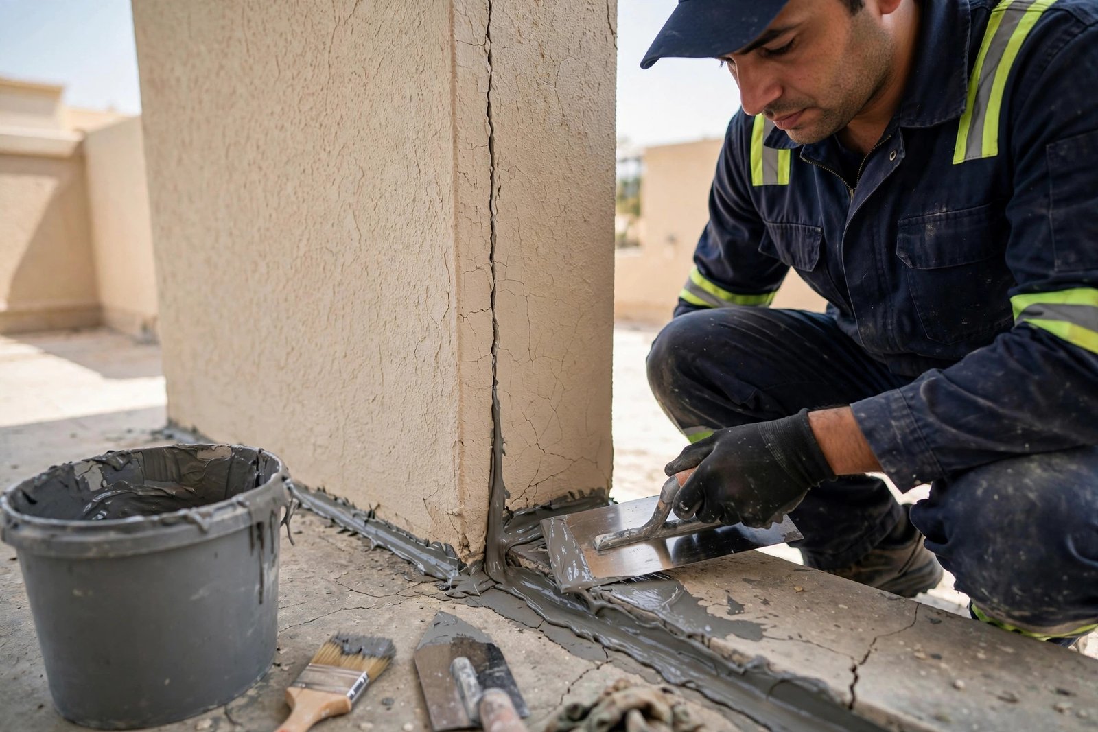 Sealing cracks in a balcony corner during the balcony waterproofing steps