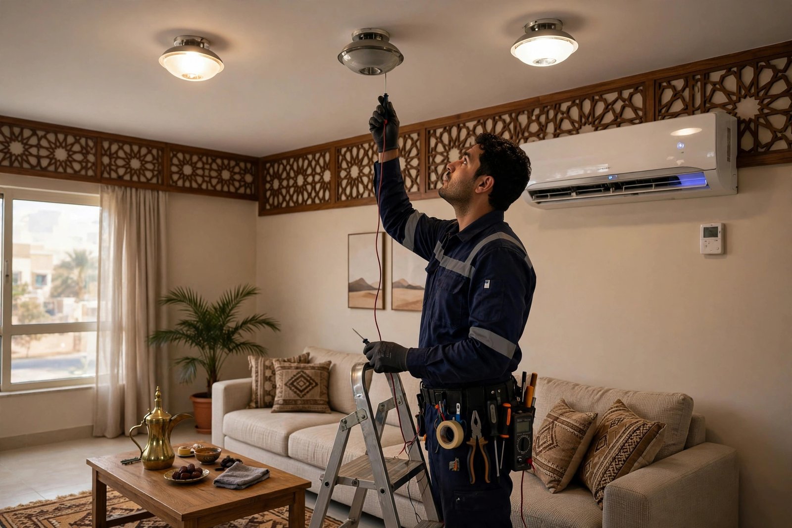 Flickering lights when AC turns on: electrician examining a ceiling light fixture in Riyadh