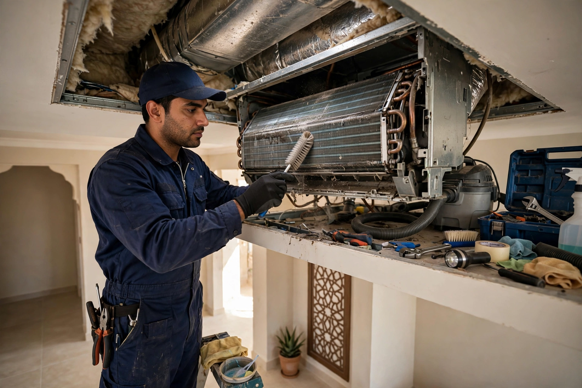 Concealed ducted AC maintenance: technician cleaning coils of a hidden ceiling unit in a Saudi home