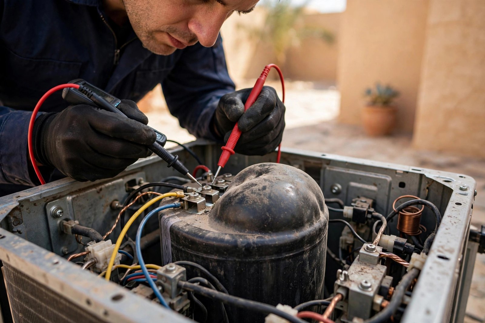 Close-up of capacitor wiring inside a condenser, ac capacitor replacement cost riyadh guide