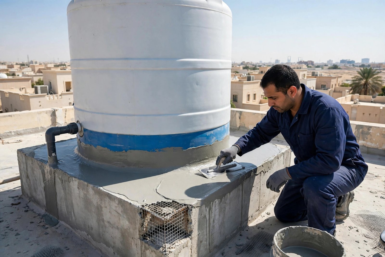 Technician troweling cementitious waterproofing coating around a water tank base as part of the waterproofing steps