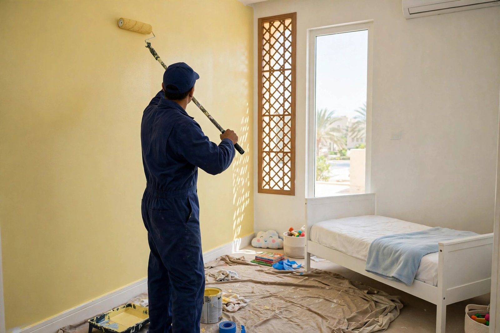 Professional painter applying washable paint in a kids room in Riyadh