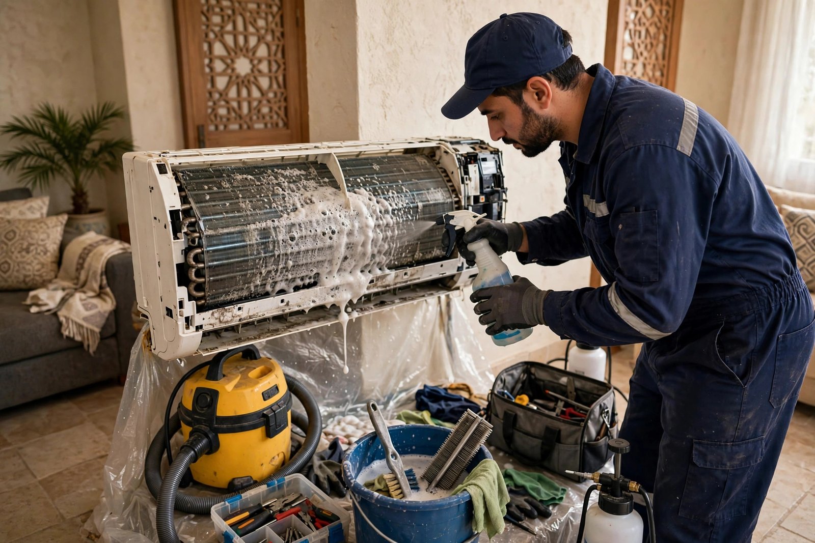 Dirty evaporator coils causing split AC weak airflow in a Riyadh home, being deep cleaned by a technician