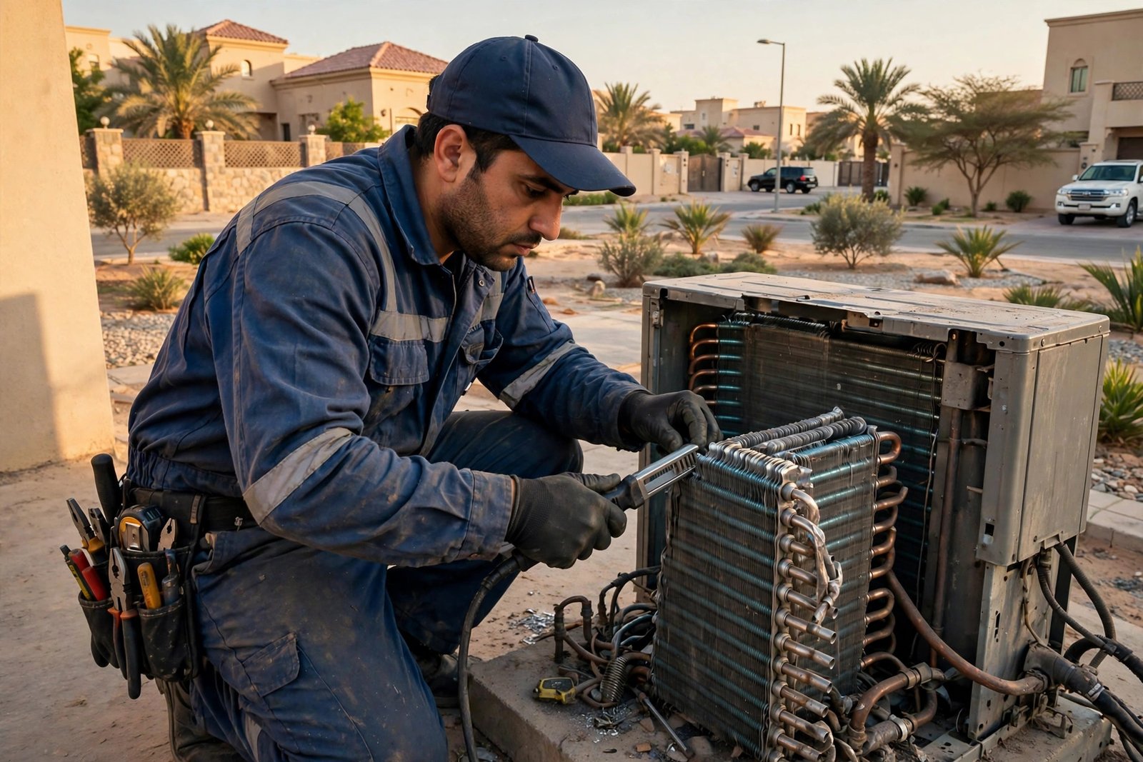 Technician using a fin comb to straighten coil fins, part of pro ac condenser coil cleaning tips in Riyadh