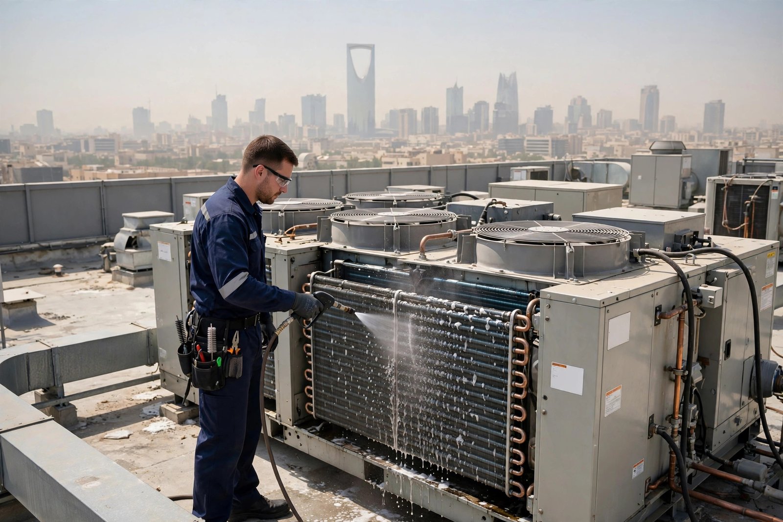 Cleaning condenser coils of an air cooled chiller on a Riyadh rooftop as part of a chiller maintenance checklist