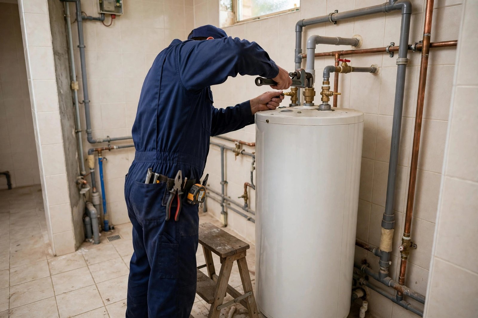 Plumber checking water heater leaking causes on a safety relief valve