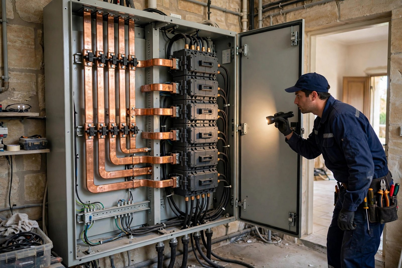 Large MCCB breaker cabinet inspected by electrician, illustrating mcb vs mccb differences for villa main incomers in Riyadh