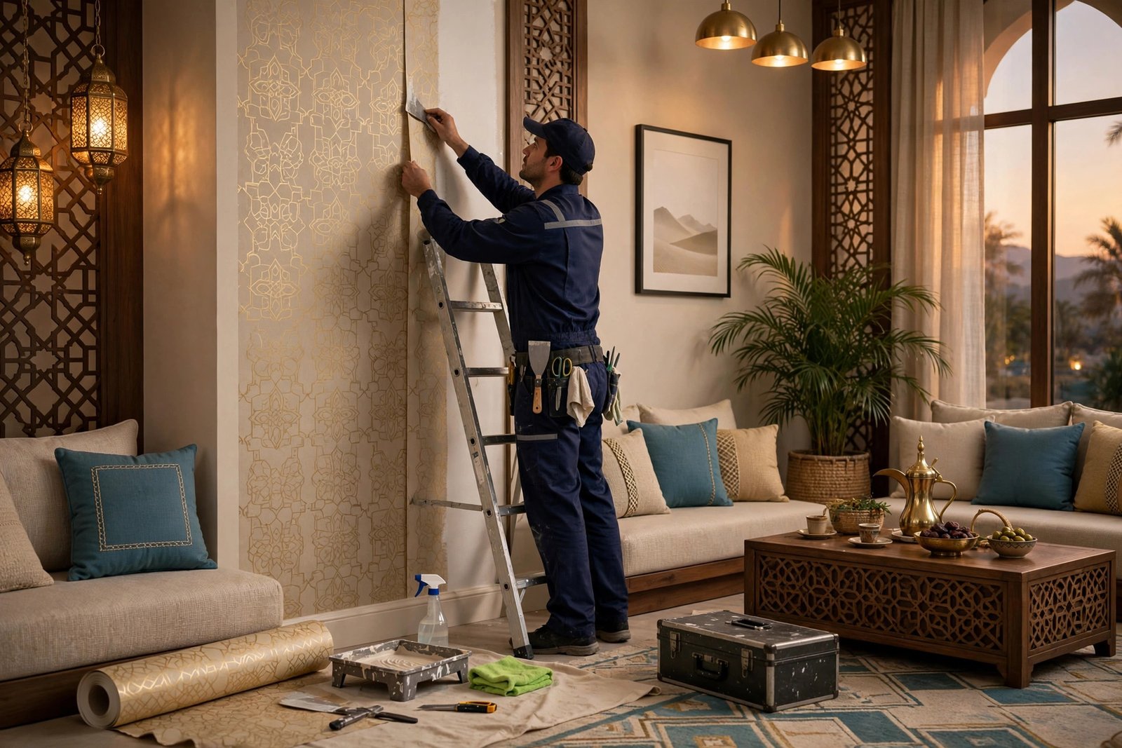 Painter hanging wallpaper on an accent wall in a Saudi majlis sitting room in Riyadh