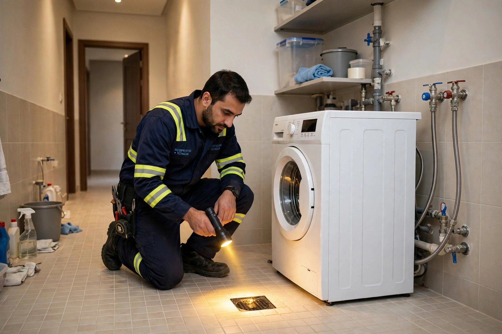 Inspecting drains and washing machine supply hoses, key laundry room waterproofing areas, in a Riyadh home
