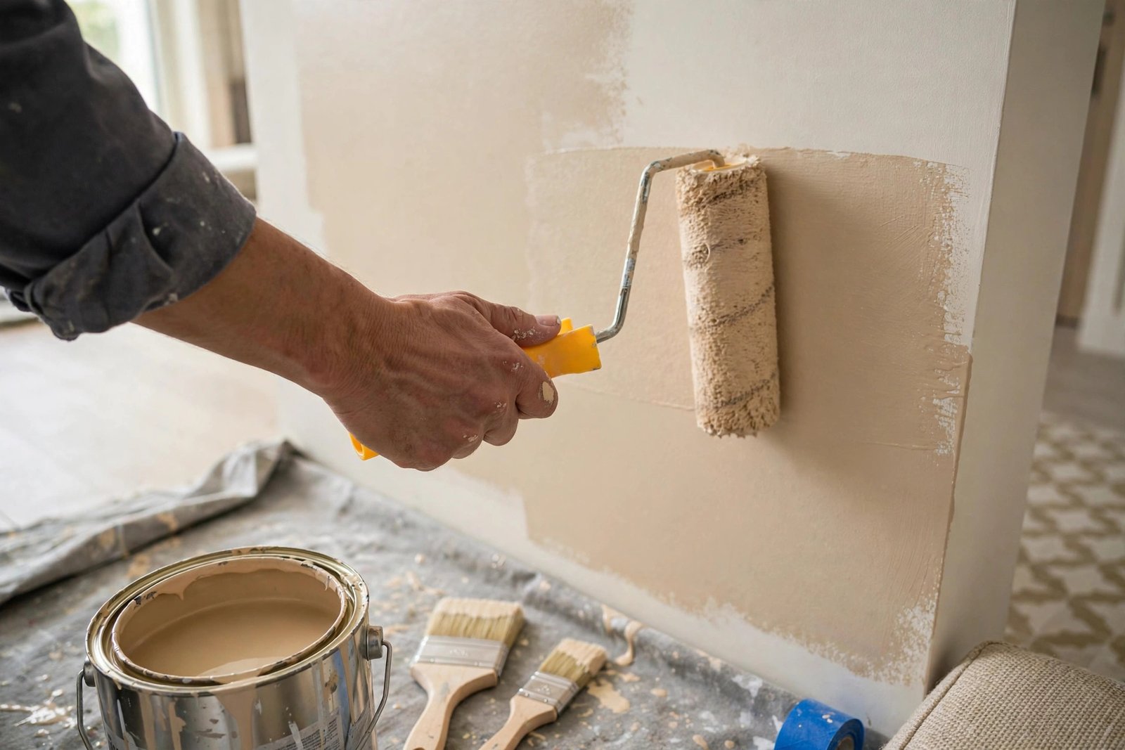 Close-up of a paint roller applying smooth paint on an interior wall, showing what the apartment painting cost Riyadh rate covers