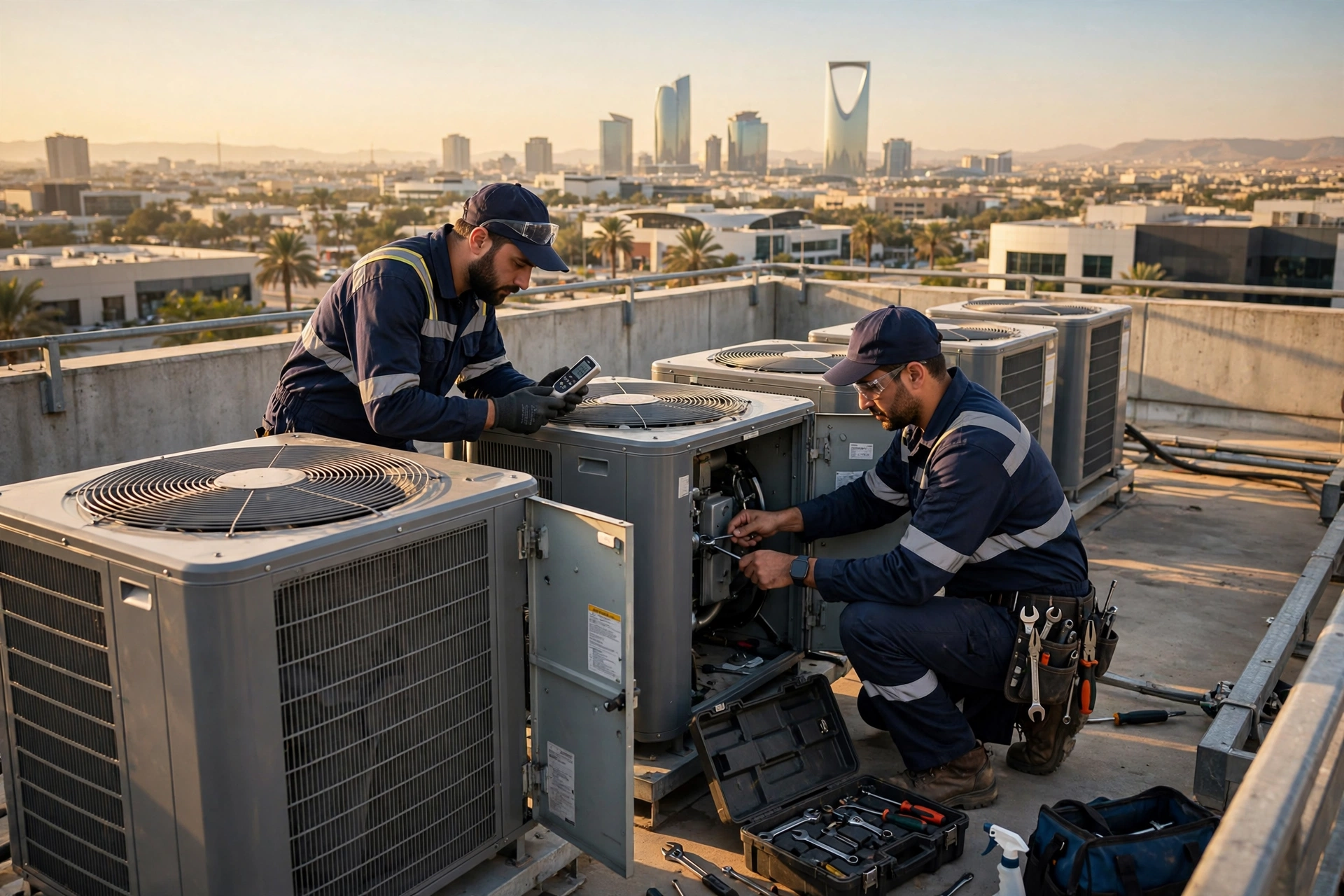 Package AC units pros for commercial buildings: technicians maintaining rooftop package AC units in Riyadh