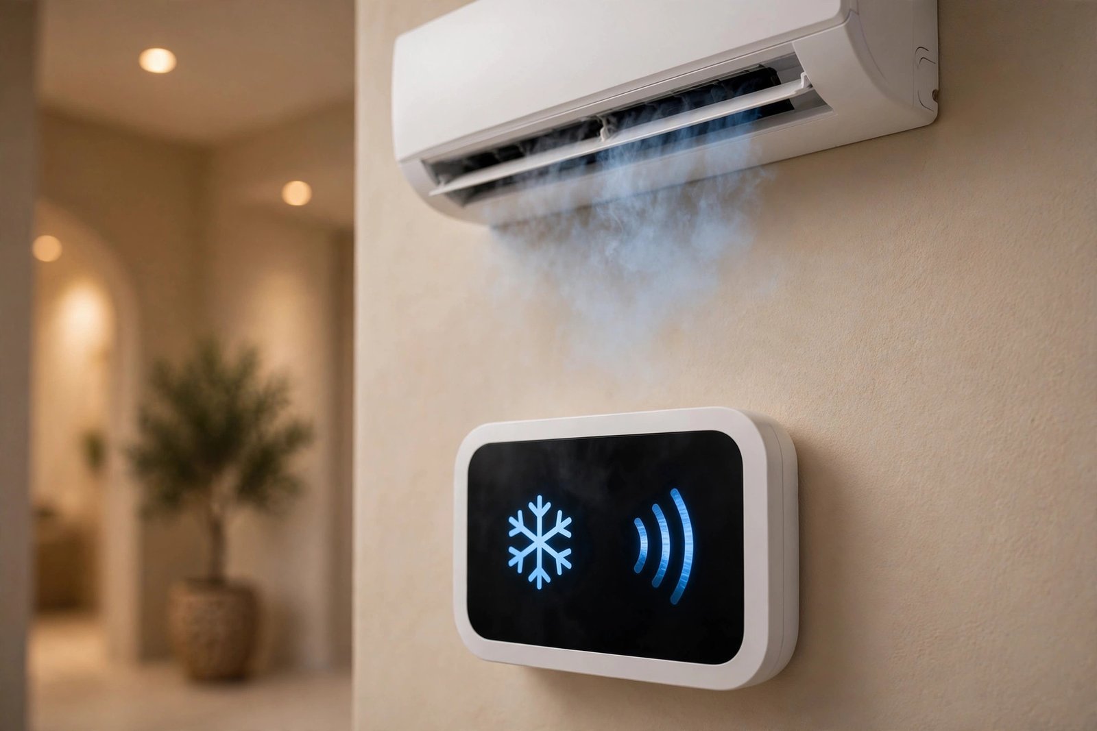 Smart programmable thermostat installed beside a split AC in Riyadh, ac thermostat replacement cost riyadh