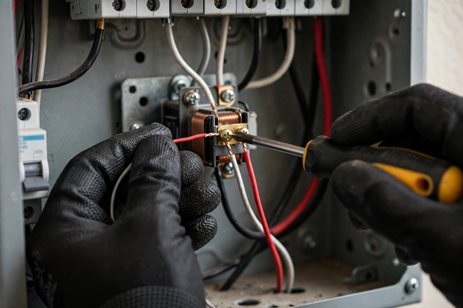 Close-up of an electrician fixing doorbell transformer wiring with a screwdriver in Riyadh