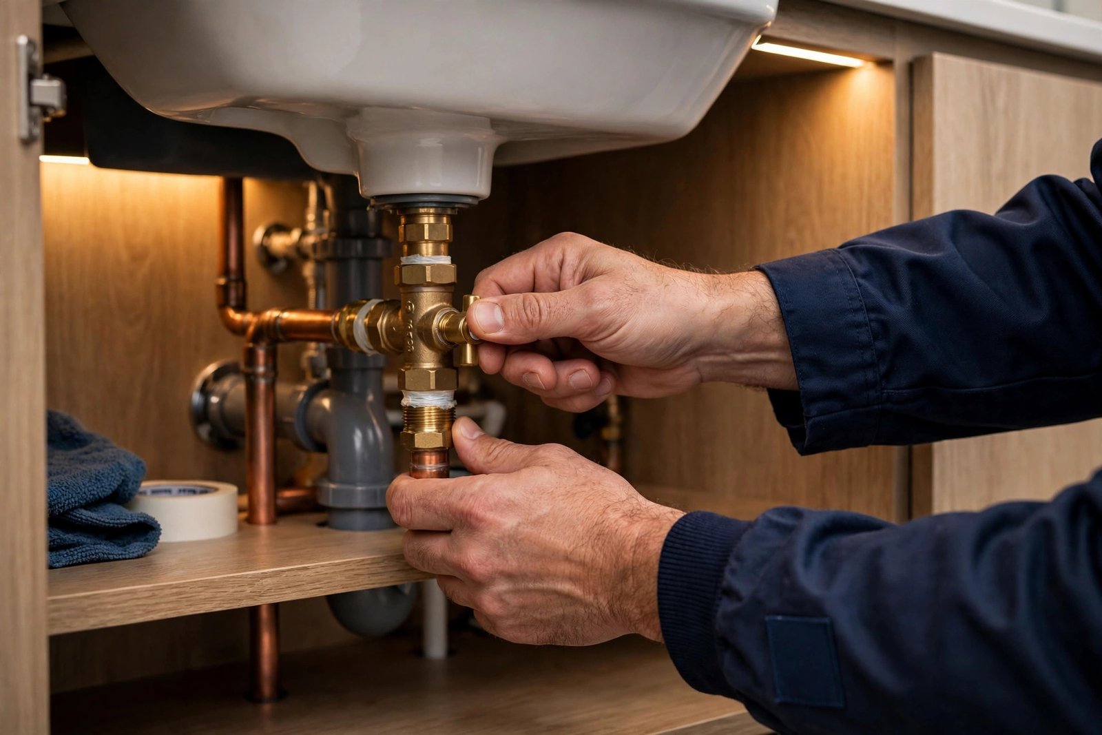 washbasin mixer tap replacement: plumber turning off the water shutoff valve under the washbasin before starting the replacement steps