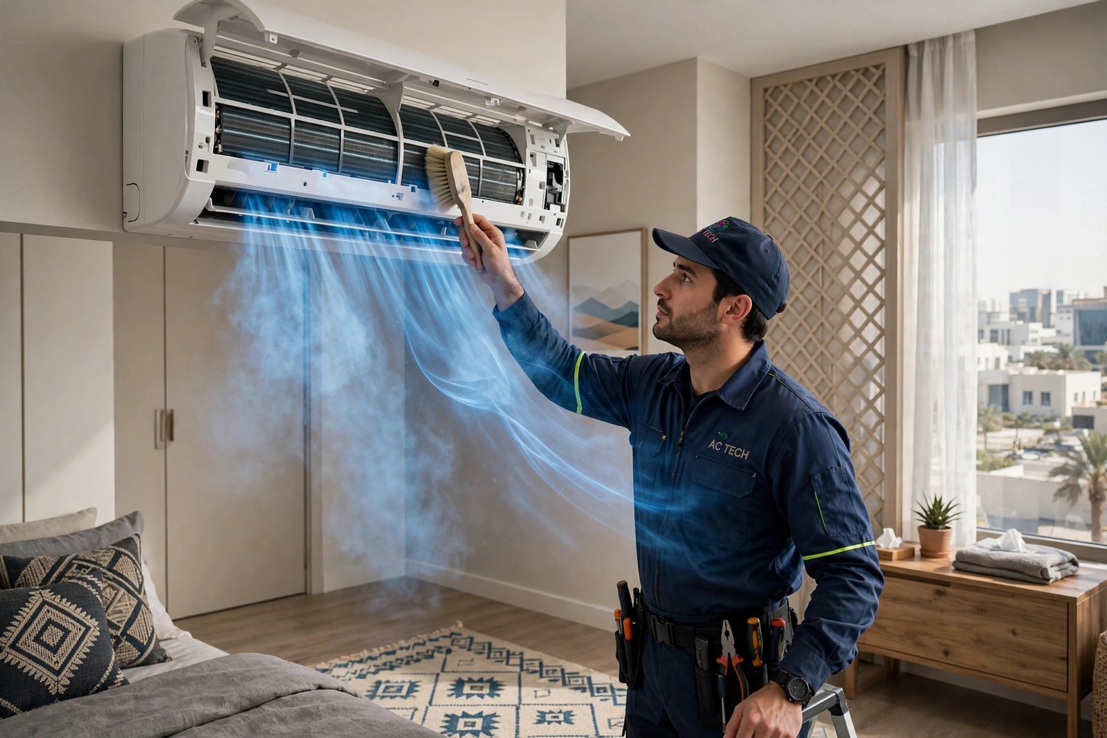 Technician cleaning an inverter vs non inverter split ac indoor unit in a Saudi home