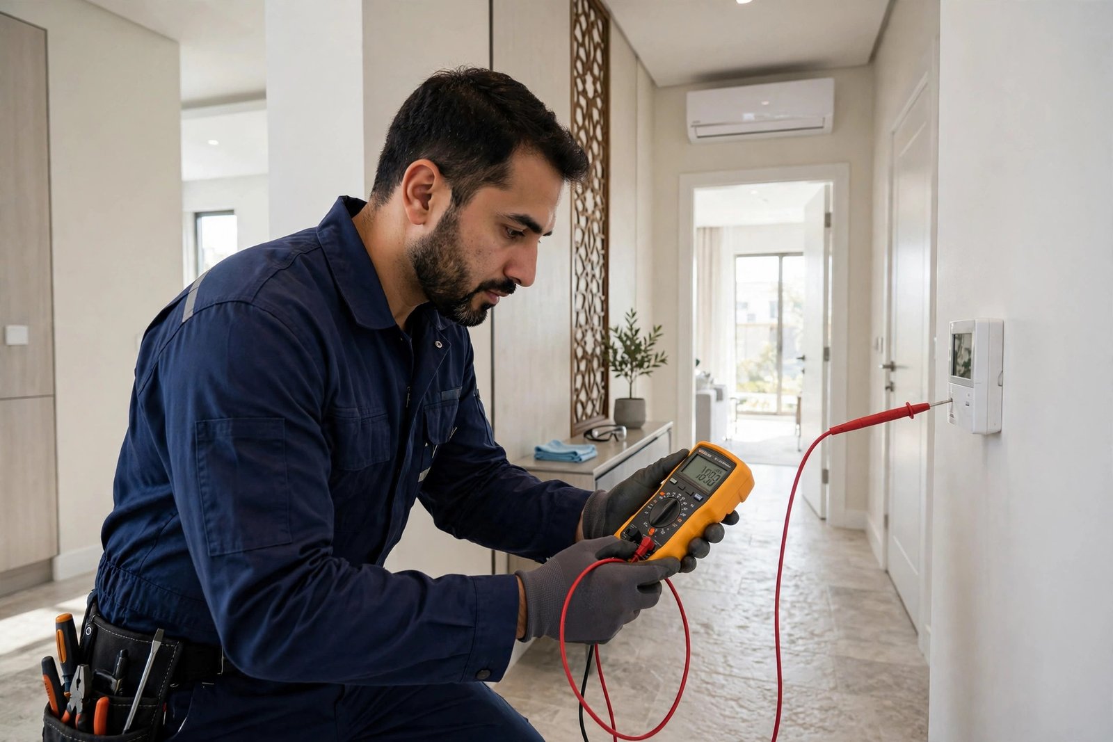 Diagnosing AC thermostat replacement signs: certified technician testing a wall thermostat with a multimeter