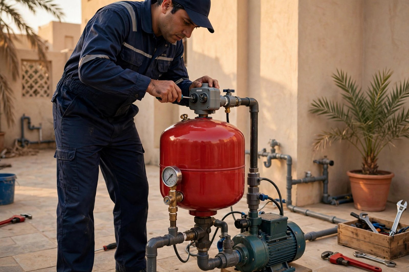Plumber adjusting the pressure switch on a water booster pump not working properly