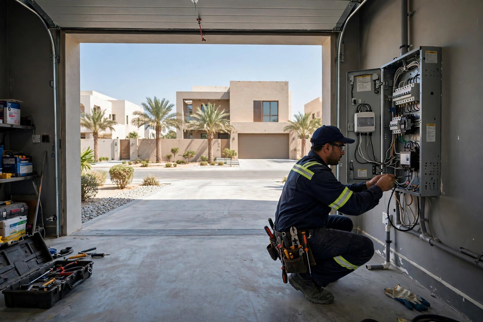 SheelTalab electrician installing whole villa surge protection at a Saudi villa panel during storm season