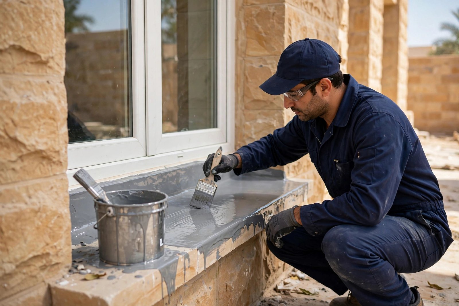 Technician brushing liquid waterproofing membrane during window sill leakage sealing service