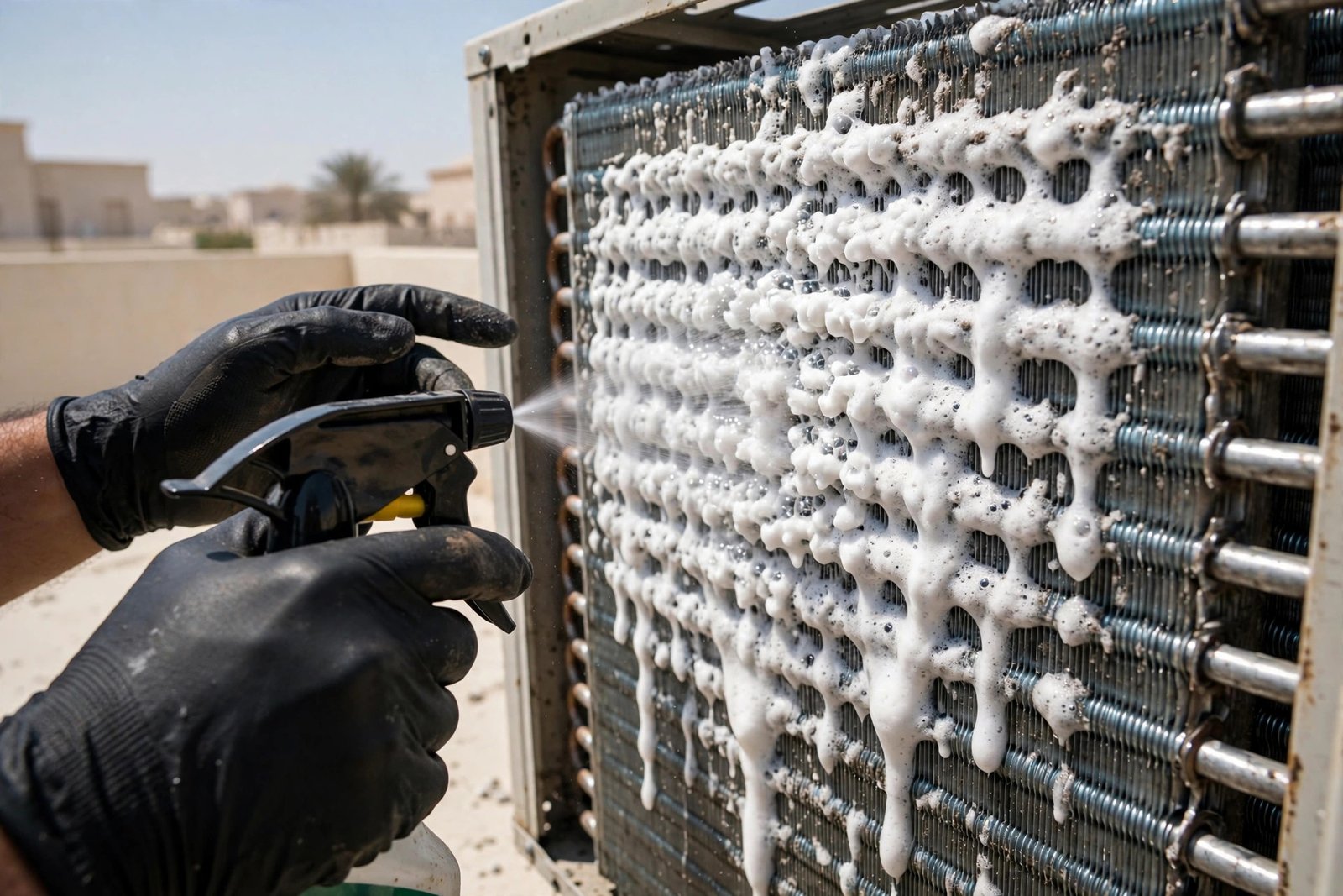 Foam chemical treatment on dirty AC coils, ac coil cleaning cost Riyadh professional process