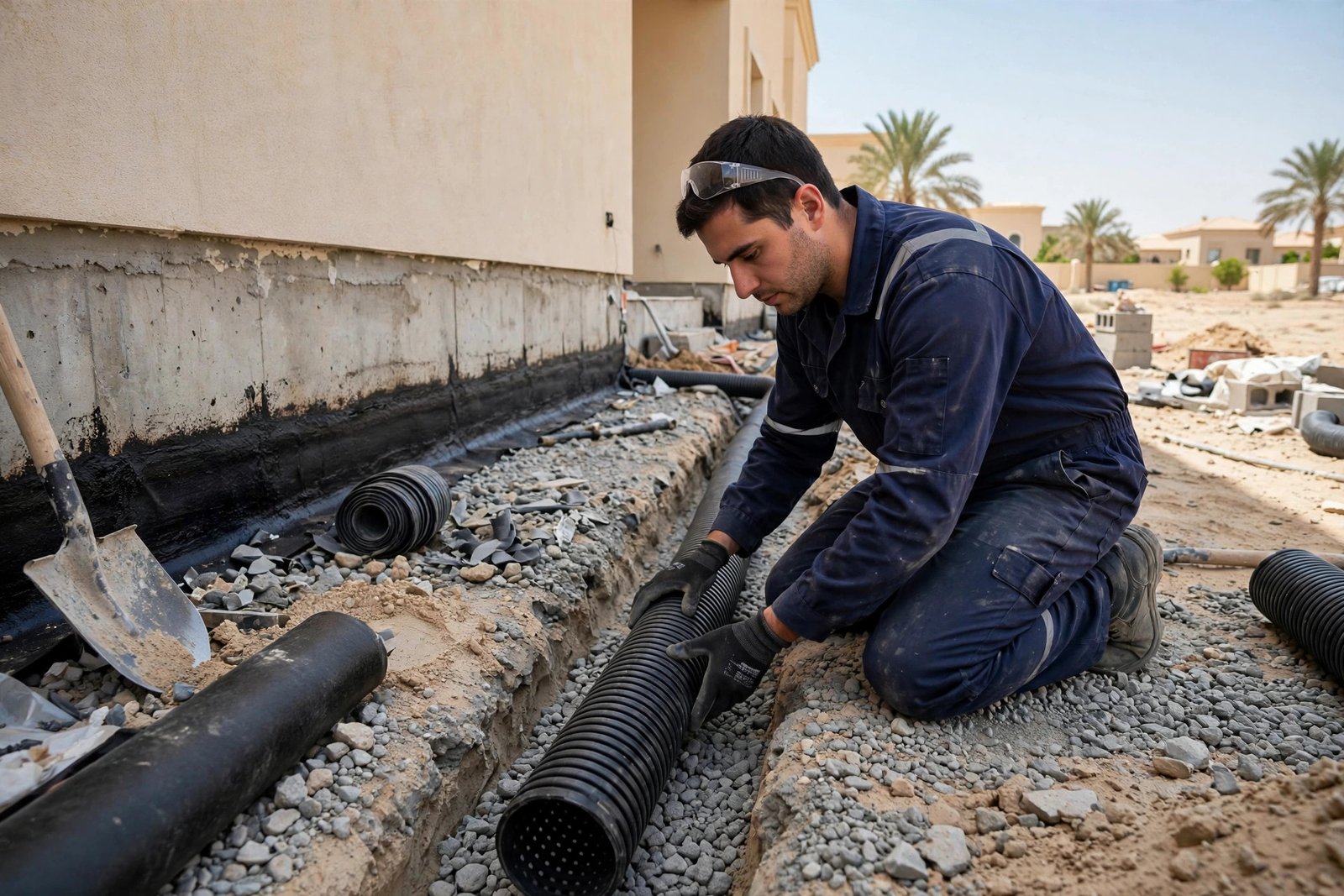 Basement waterproofing methods comparison: technician installing a perimeter drainage pipe in a gravel trench