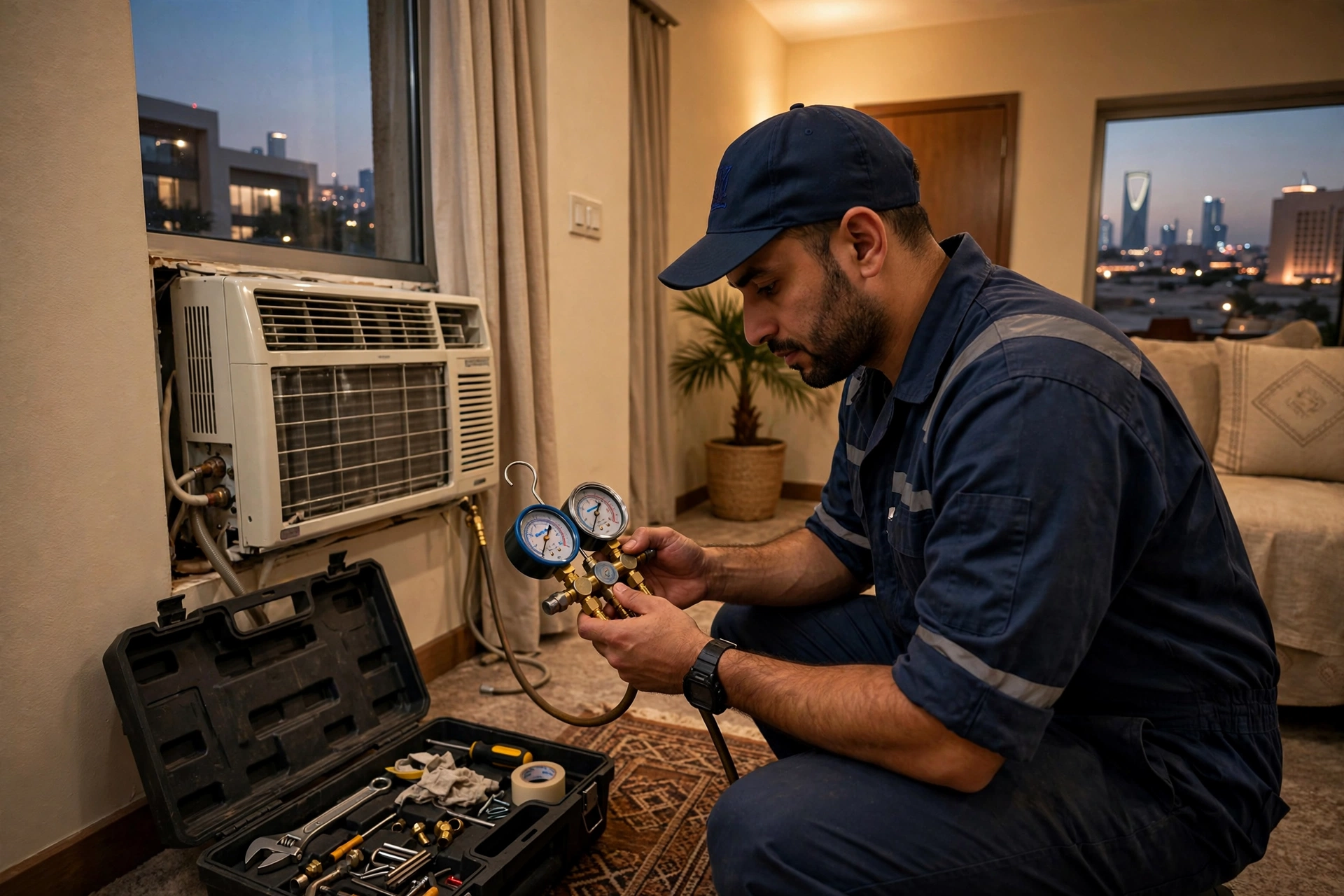window ac repair cost riyadh: technician checking refrigerant pressure on a window AC unit