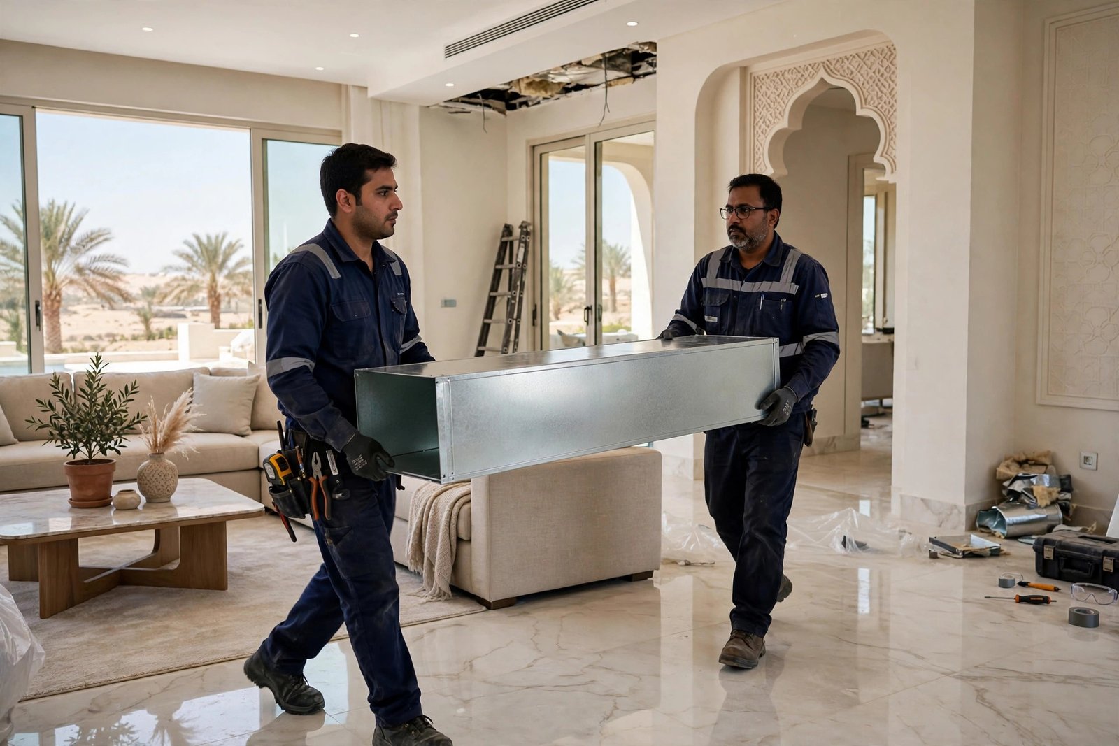 Technicians carrying new replacement ductwork through a Saudi villa for a duct repair vs replacement project