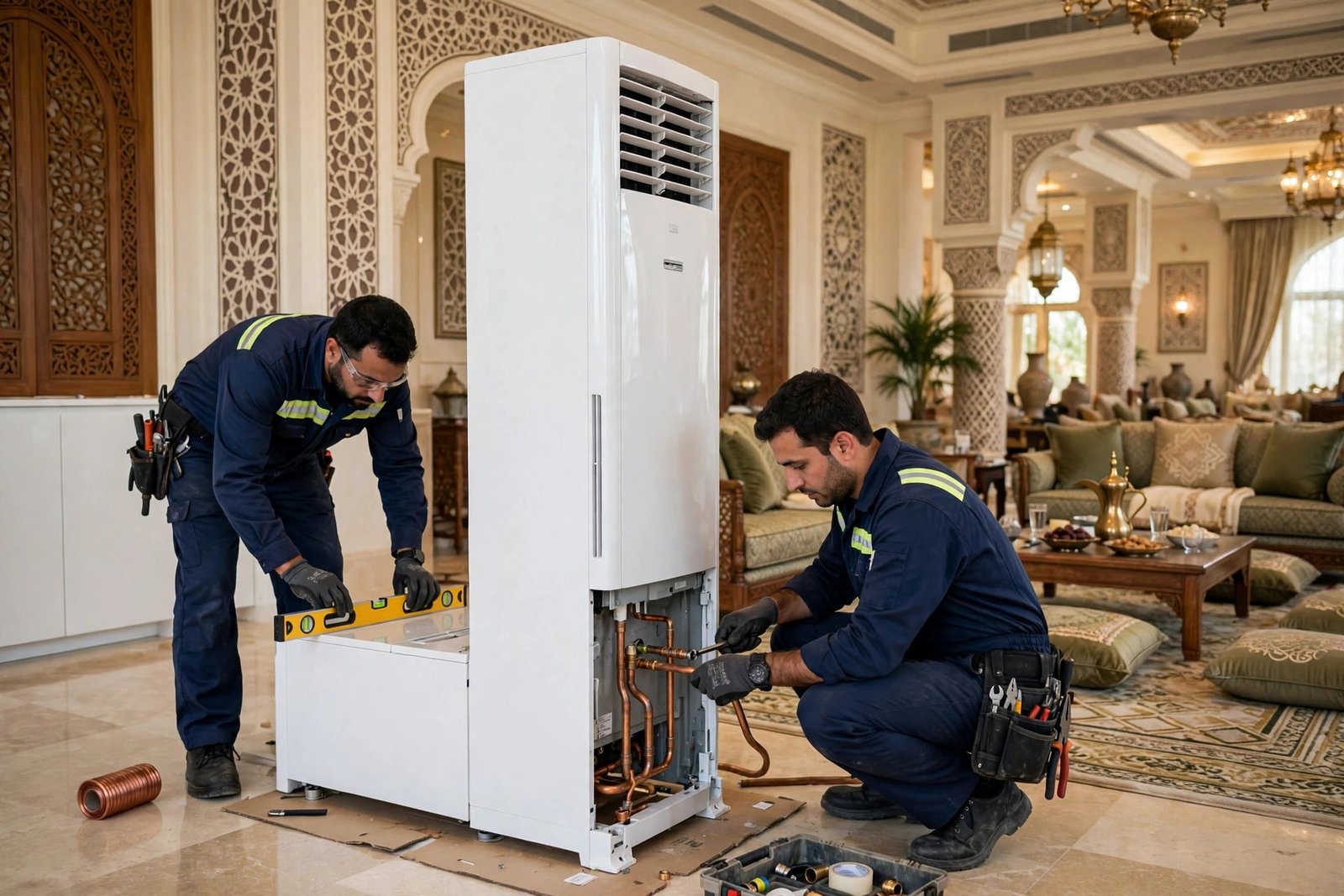 AC technicians installing a floor standing AC unit in a large Riyadh majlis