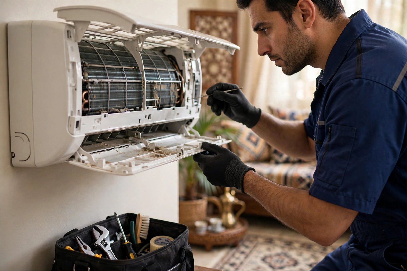 split ac tonnage size guide: technician inspecting an indoor split AC unit in a Riyadh home