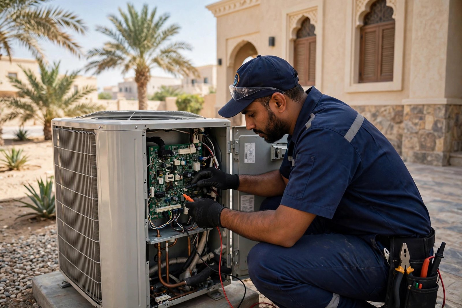 Checking AC PCB failure signs on the outdoor condenser control box in Riyadh
