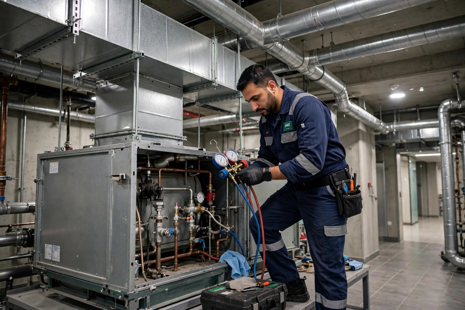 Technician inspecting AHU controls and gauges during an air handling unit maintenance checklist visit