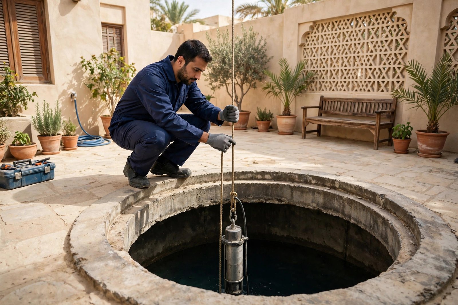 Plumber lowering a submersible best water pump into a villa water tank in Riyadh