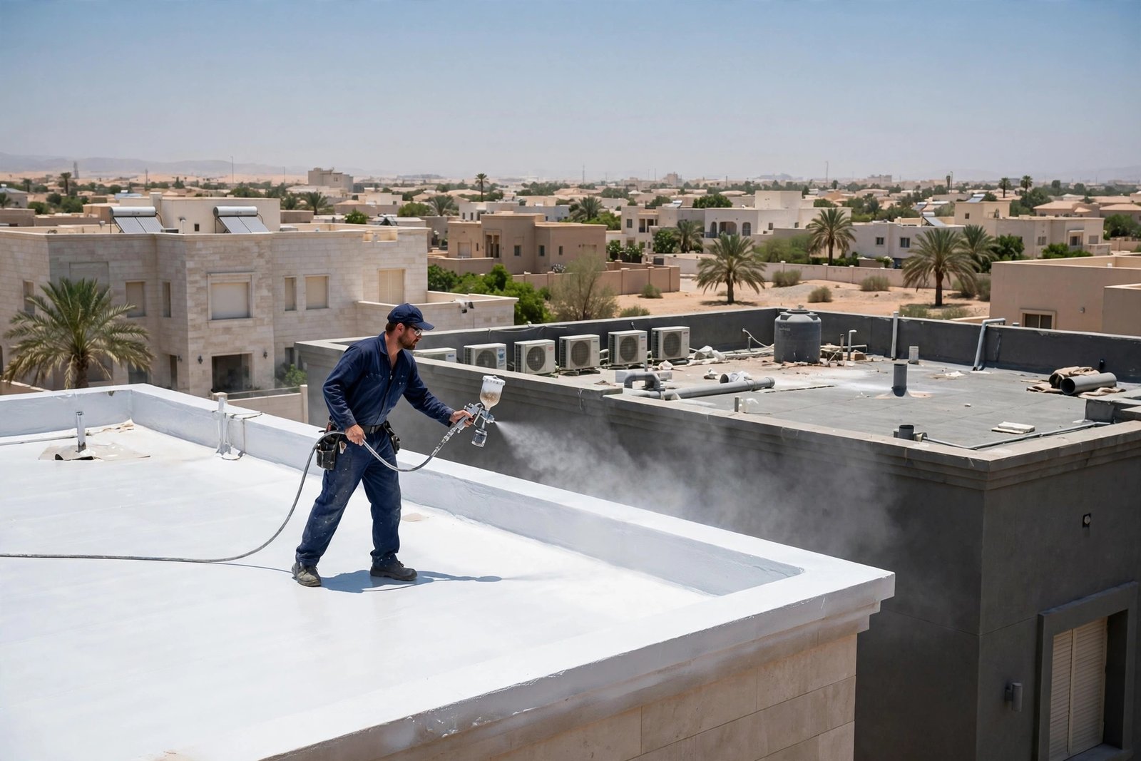 Worker spraying heat reflective roof coating across a large Saudi villa rooftop for cooling benefits