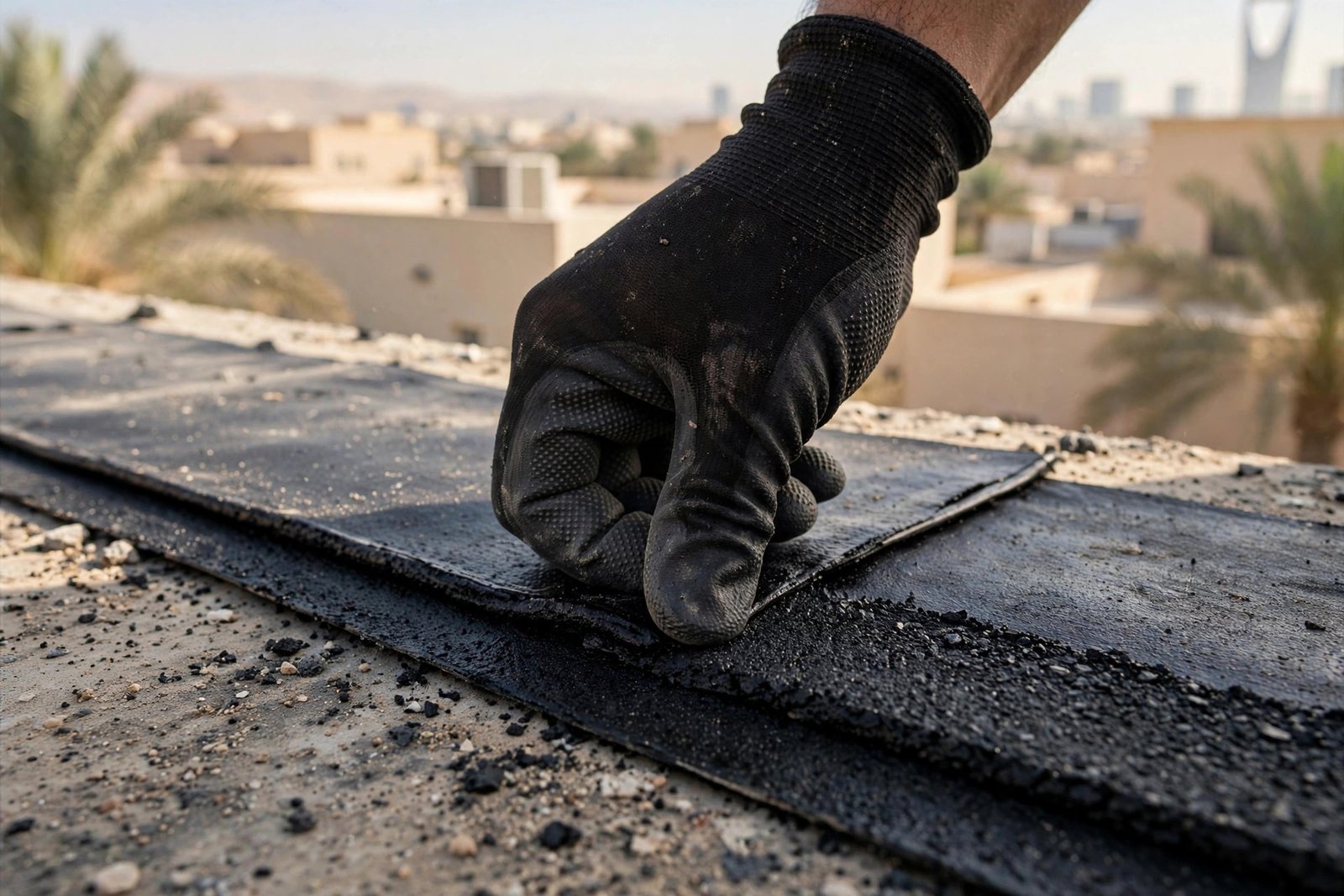 Close-up of bitumen waterproofing membrane seam in the bitumen vs liquid waterproofing guide