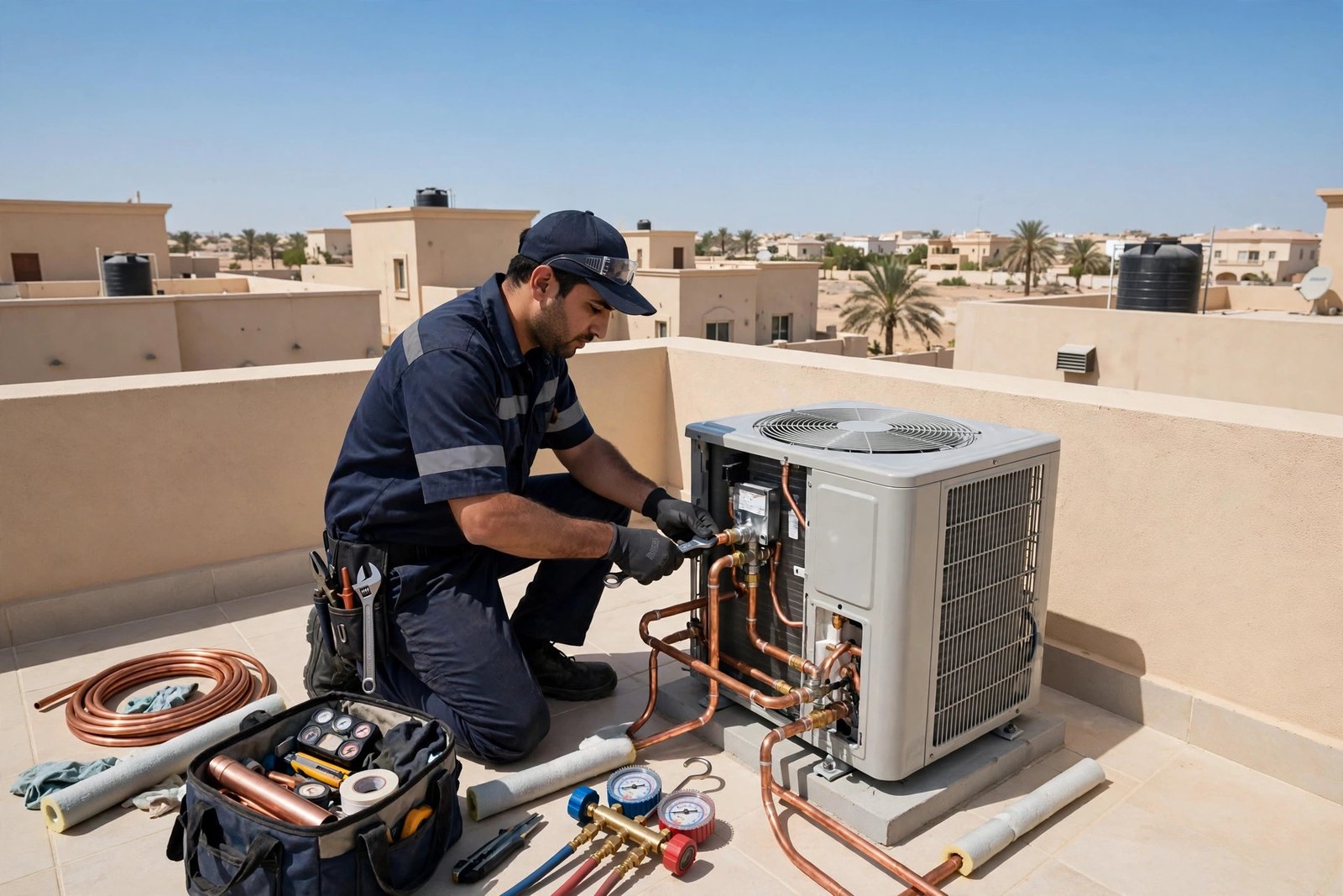 New ac prices riyadh brand installation: technician fitting an outdoor condenser unit on a Riyadh villa rooftop
