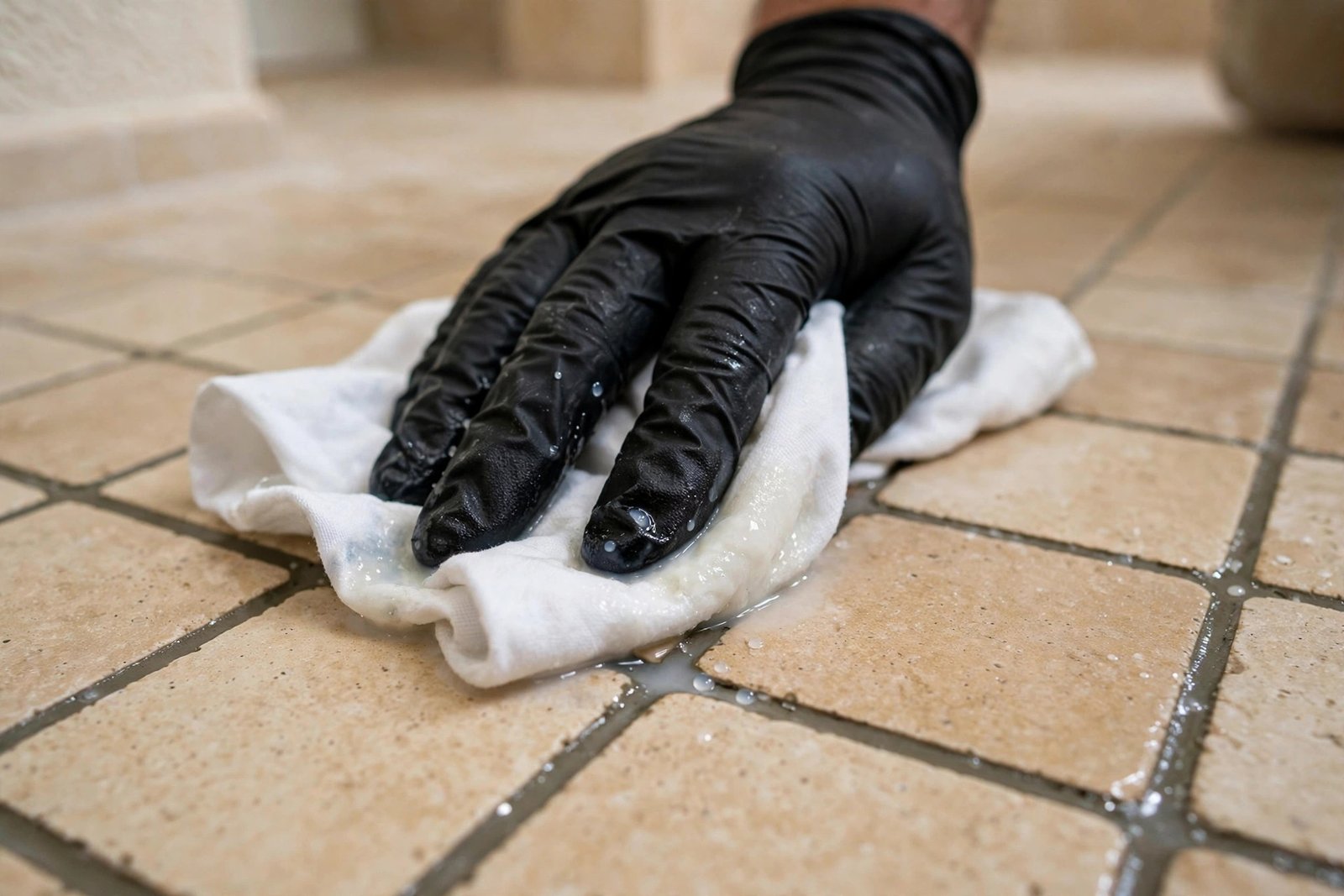 Wiping excess sealer from bathroom tile grout lines, step 4 of the bathroom grout sealing steps