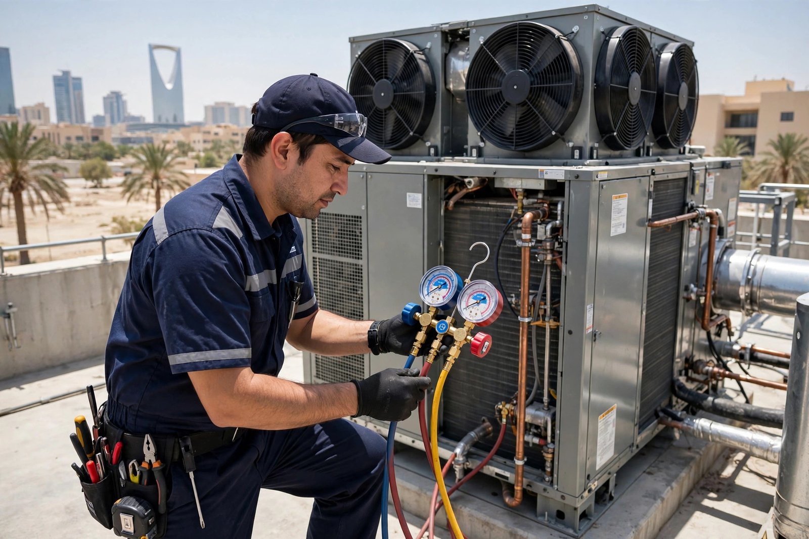 Technician checking refrigerant gauges on a commercial VRV condenser unit in Riyadh