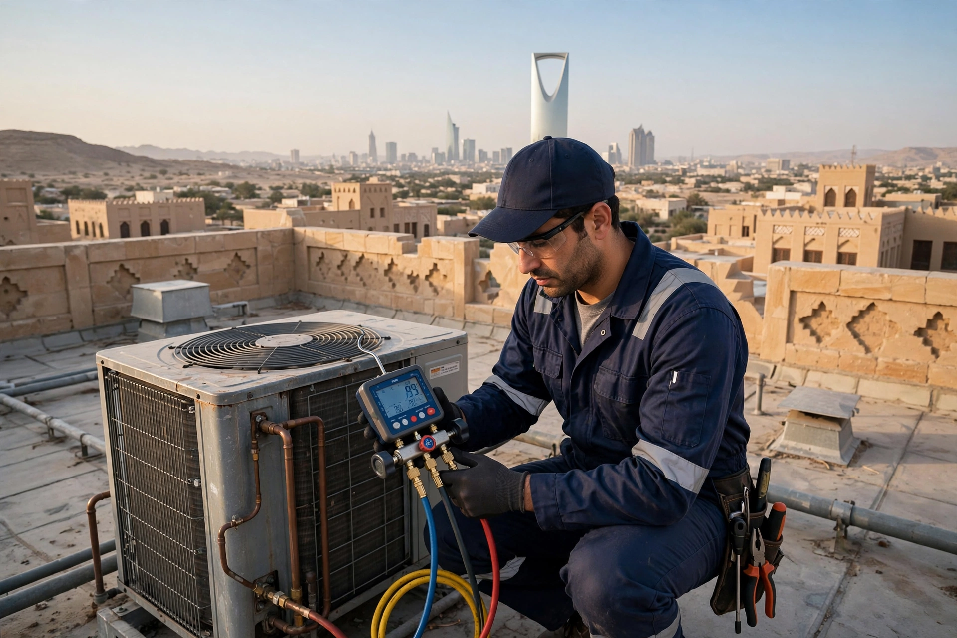 Checking refrigerant gauges during commercial rooftop AC service Riyadh on a commercial building