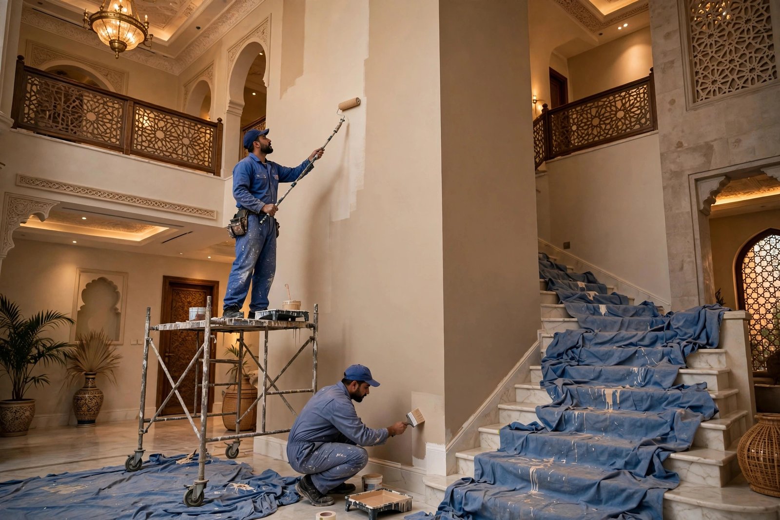Two painters on scaffolding applying staircase wall paint to a tall double-height villa stairwell in Riyadh
