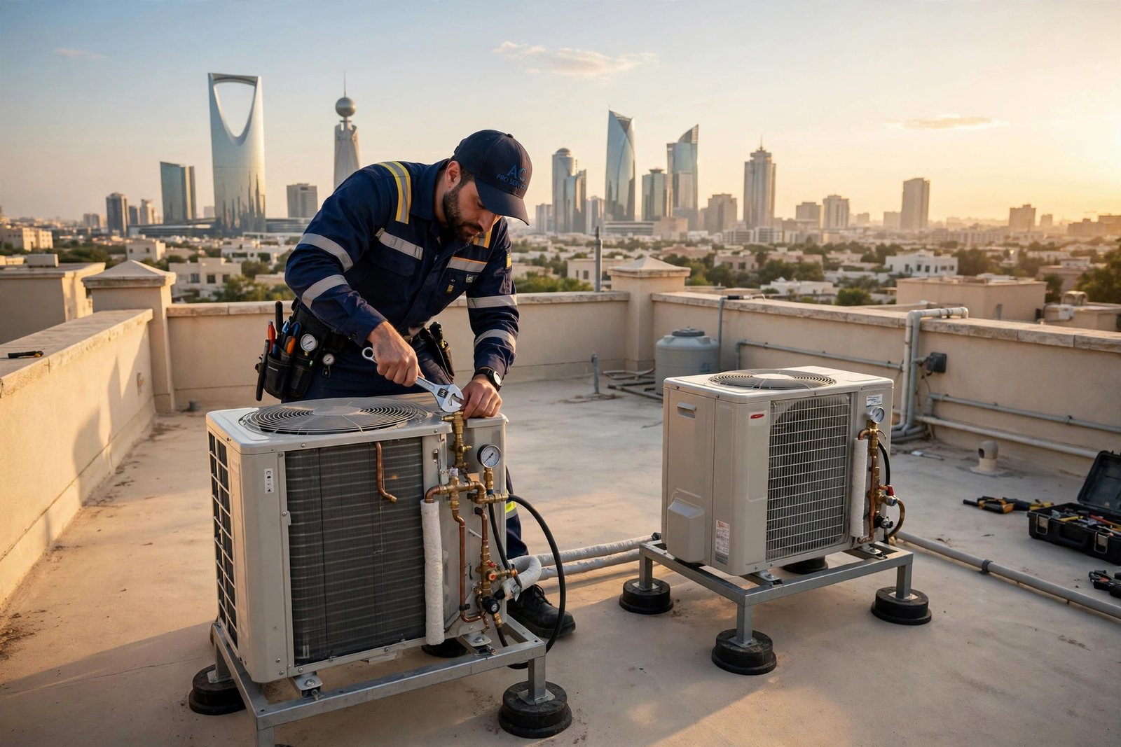 Two split AC outdoor units on vibration pads, proper split ac outdoor unit placement on a Riyadh rooftop