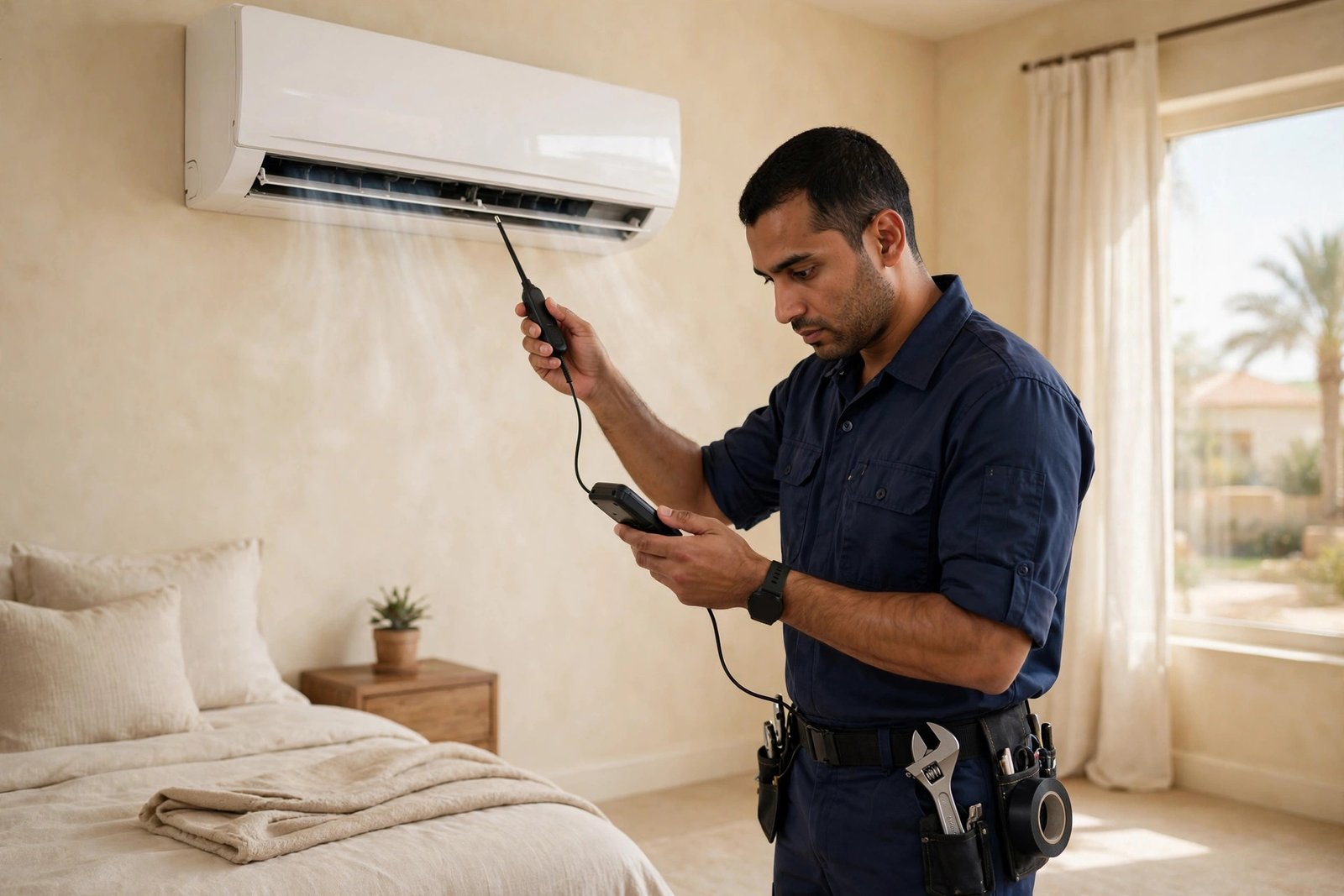 Technician measuring cold air output at AC vent to confirm AC sensor problem symptoms are resolved