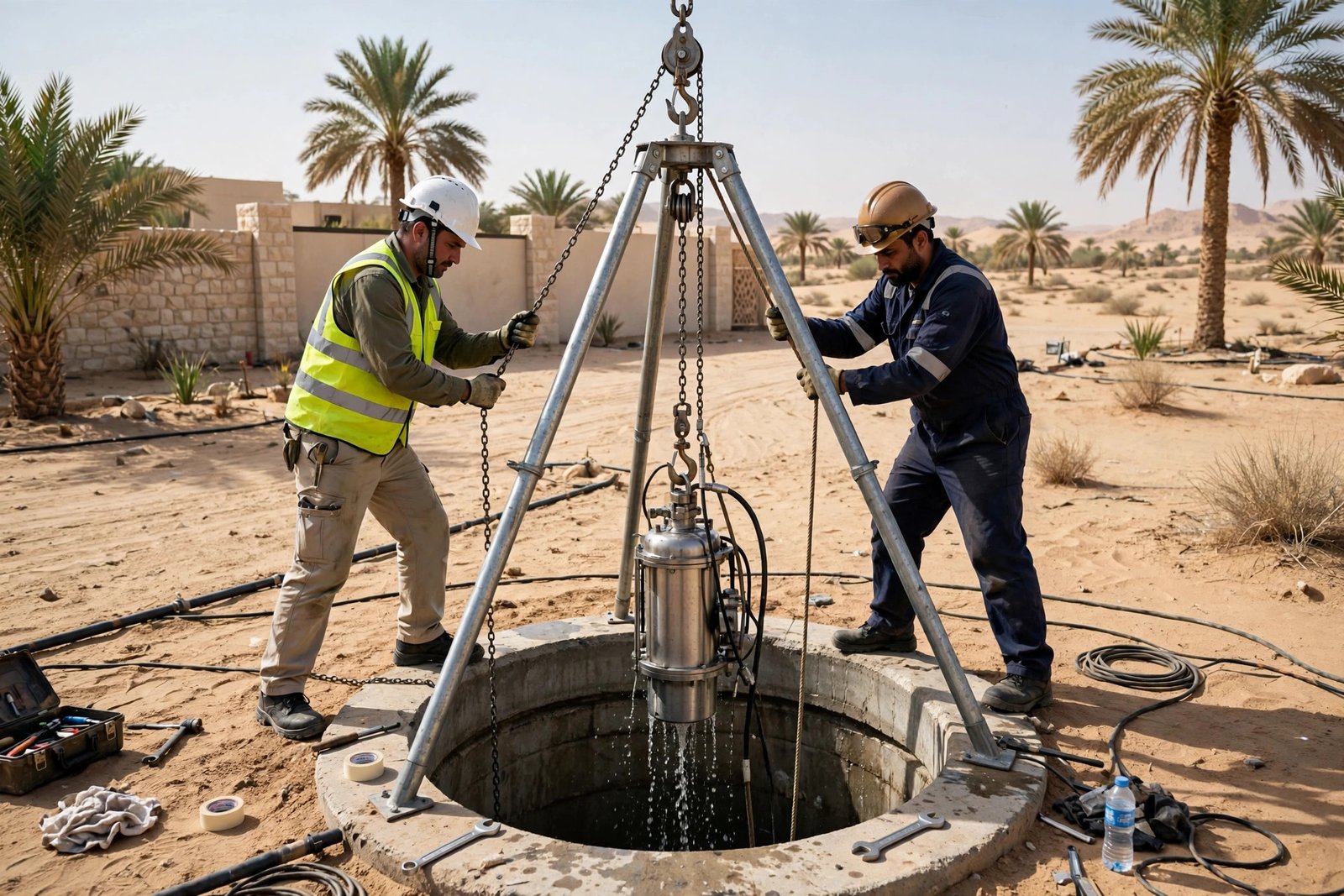 Technicians lifting a deep-well submersible pump with a tripod hoist near Riyadh