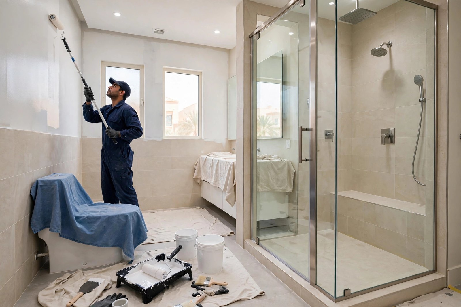 Professional painter applying anti mold bathroom paint to tiled bathroom walls in a Saudi home