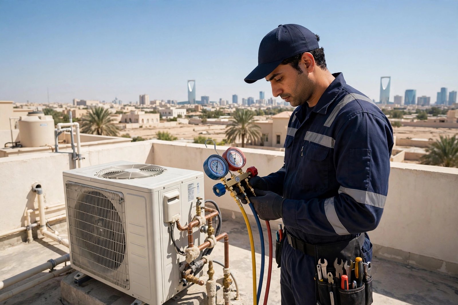 Technician servicing the outdoor condenser of a 2 ton split AC on a Riyadh rooftop