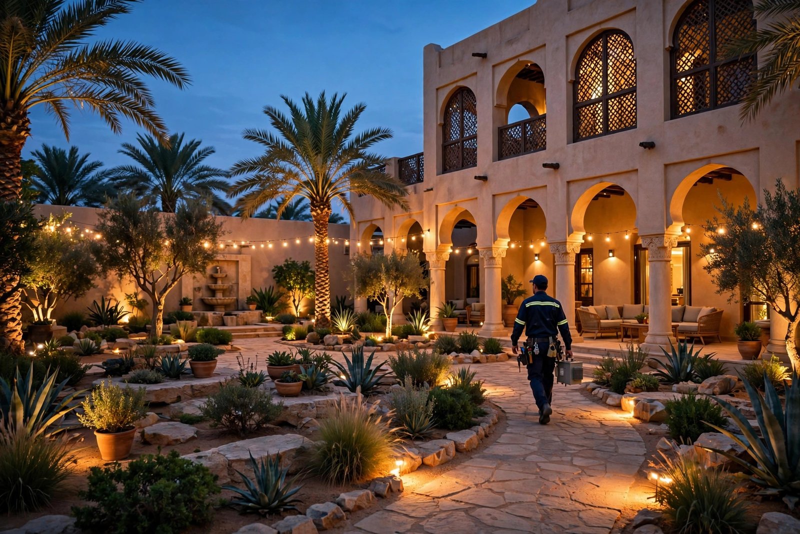 Villa courtyard garden with landscape lighting installed by a SheelTalab electrician
