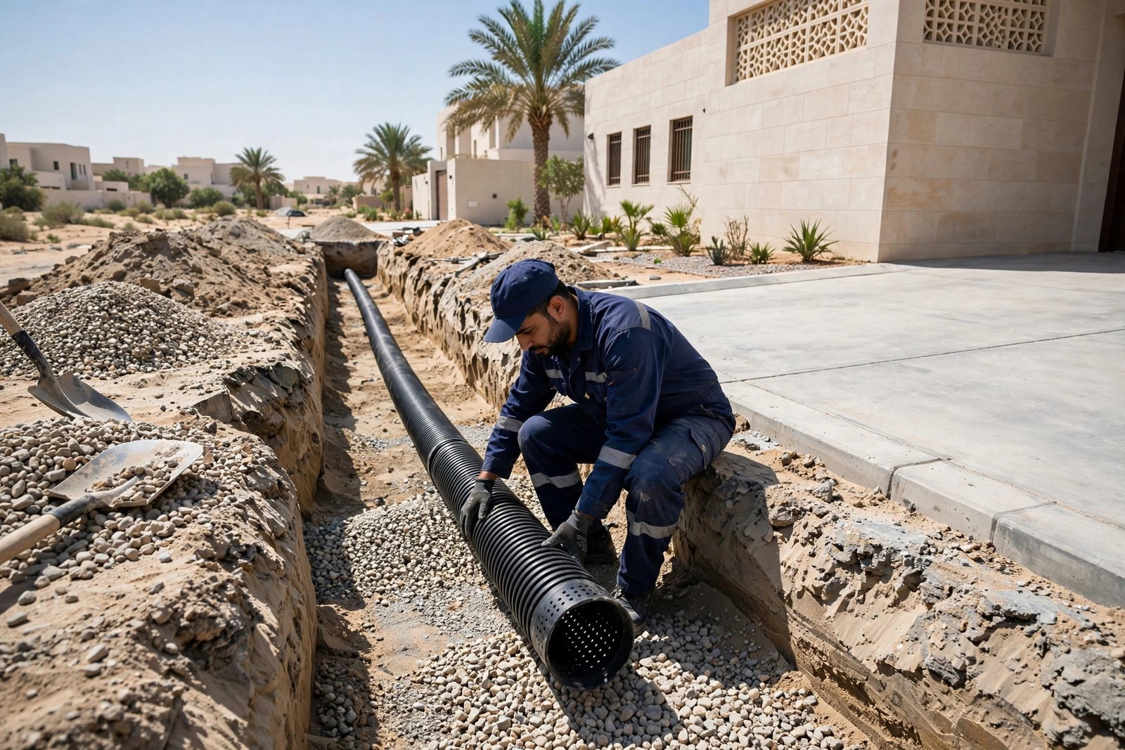 Installing a French drain pipe beside a villa driveway, one of the driveway drainage waterproofing fixes in Riyadh